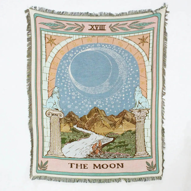 Throw Blanket for Couch, 100% Cotton Blanket with Fringe, Celestial Tarot Sofa Throw Blanket for Bed and Home Decor
