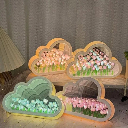 Cloud-Shaped Night Light with 20 Glowing Tulips | Cordless Design for Dreamlike Ambiance