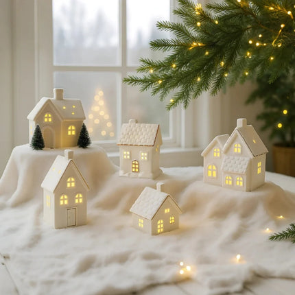 Ceramic Winter Village Decor Set with Ambient Glow | Handcrafted Holiday Centerpiece for Cozy Seasonal Atmosphere
