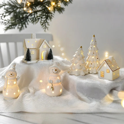 Ceramic Winter Village Decor Set with Ambient Glow | Handcrafted Holiday Centerpiece for Cozy Seasonal Atmosphere