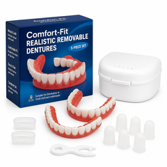 Removable Dentures, Realistic False Teeth with Storage Box, Fake Teeth for Adults, Natural White Teeth, 5 Piece Set_00