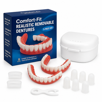 Removable Dentures, Realistic False Teeth with Storage Box, Fake Teeth for Adults, Natural White Teeth, 5 Piece Set