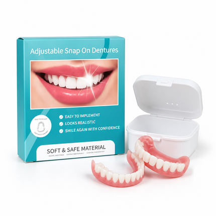 Removable Dentures Upper and Lower Set, Adjustable Fake Teeth with Denture Case, Temporary False Teeth for Men and Women