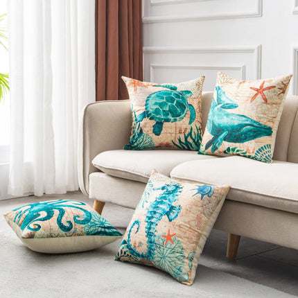 Marine Life Printed Cushion Cover with Invisible Zipper | Flax Material for Elegant Home Decor