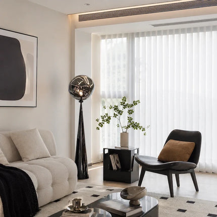 Sculptural Postmodern Floor Lamp with Reflective Smoked Acrylic Globe | Ambient Warm White Light for Modern Spaces