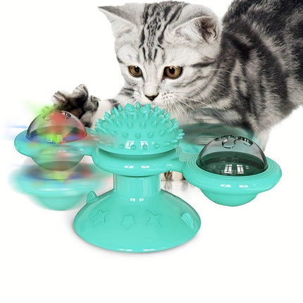 Rotating Windmill Cat Toy with Suction Cup & Catnip | Interactive Play for Dental Health and Hunting Stimulus