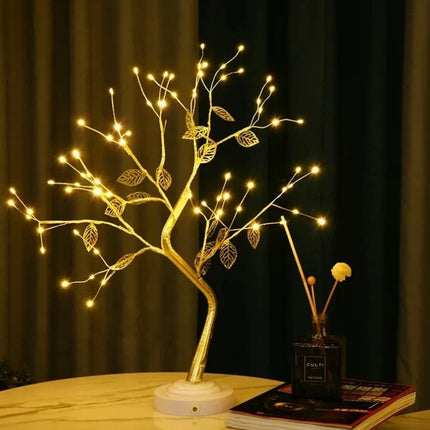 Golden Leaf Tree Decorative Light with Adjustable Bendable Branches | Warm White LED Illumination for Cozy Atmosphere