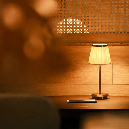 Dimmable Rechargeable Table Lamp with Pleated Fabric Shade | Elegant Cordless Lighting for Indoor and Outdoor Use