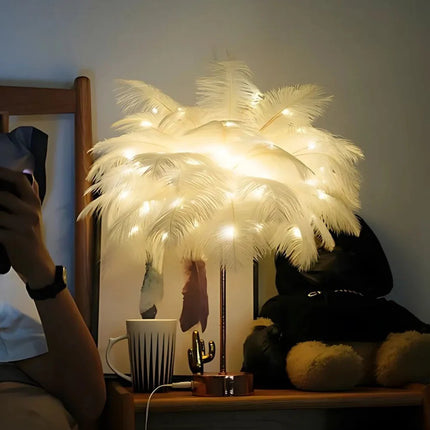 Feather Palm Tree Lamp with Remote Control | Elegant USB and Battery-Powered Lighting for Relaxing Ambiance