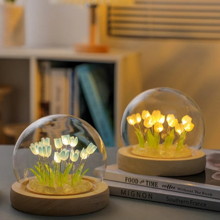 Tulip Light Under Glass Dome with 10 Warm White LEDs | Elegant Home Decor for Ambiance and Meaningful Gifting