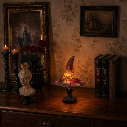 Witch Hat Table Lamp with Mosaic Panels for Enchanting Home Decor | Warm Glow for Bedrooms and Seasonal Displays