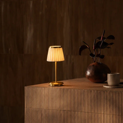 Dimmable Rechargeable Table Lamp with Pleated Fabric Shade | Elegant Cordless Lighting for Indoor and Outdoor Use