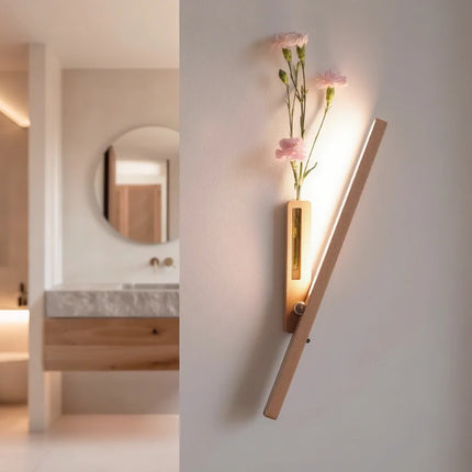 Wood Wall Light with Built-in Vase & Touch Control | Dimmable Ambient Illumination for Home Décor