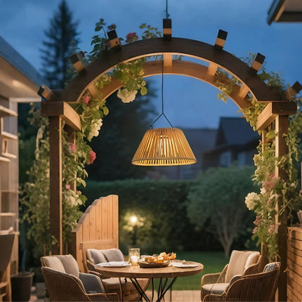 Solar-Powered Lantern with USB Backup & Dusk Sensor | Elegant Faux Rattan Design for Outdoor Ambiance