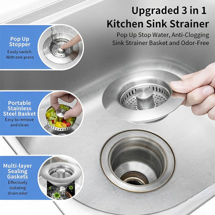 Kitchen Sink Strainer 3 in 1, Stainless Steel Sink Drain Strainer