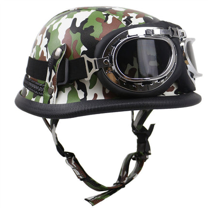 Leather Biker Helmet with Goggles, Vintage Motorcycle Helmet with Adjustable Chin Strap