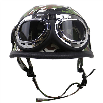 Leather Biker Helmet with Goggles, Retro Leather Helmet for Riders