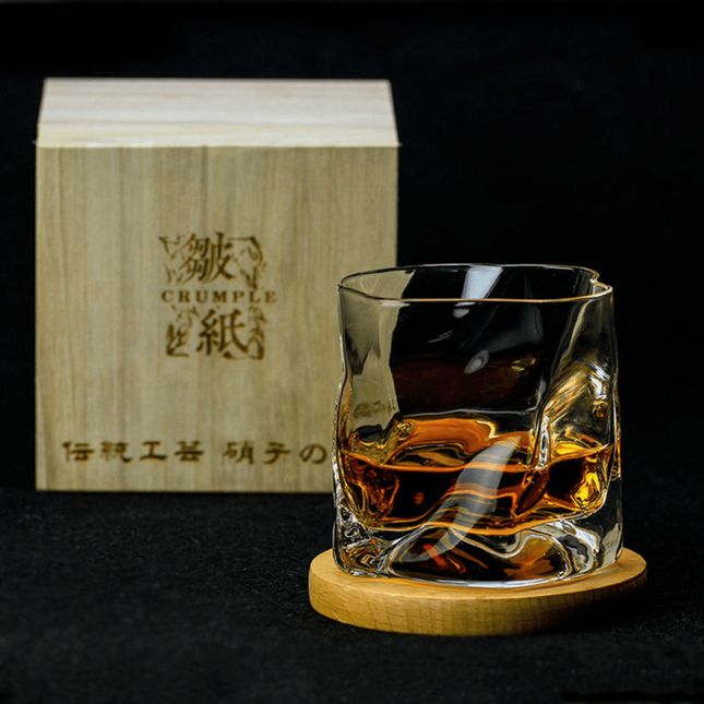 Whisky Glass with Wooden Box, Edo Kiriko Crumple Whiskey Glasses, Old Fashioned Rocks Glass for Bourbon and Scotch