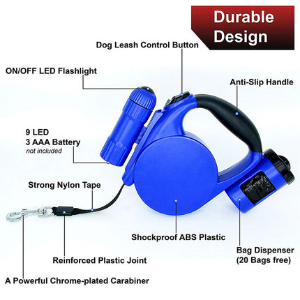 LED Dog Leash with Trash Bag Dispenser | 4.5m Retractable Leash for Nighttime Walks and Training