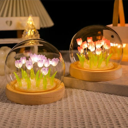 Tulip Light Under Glass Dome with 10 Warm White LEDs | Elegant Home Decor for Ambiance and Meaningful Gifting