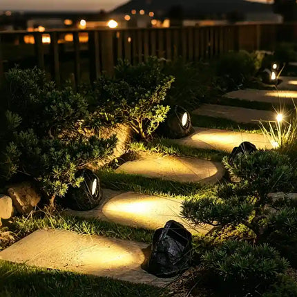 Solar Powered Garden Spotlight with Natural Stone Design | Wireless Illumination for Outdoor Ambiance