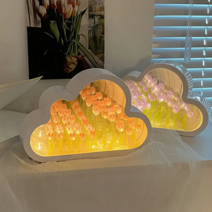 Cloud-Shaped Night Light with 20 Glowing Tulips | Cordless Design for Dreamlike Ambiance