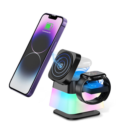 4-in-1 Magnetic Wireless Charger Stand with Colorful Lighting | Simultaneous Charging for iPhone, Apple Watch, and AirPods