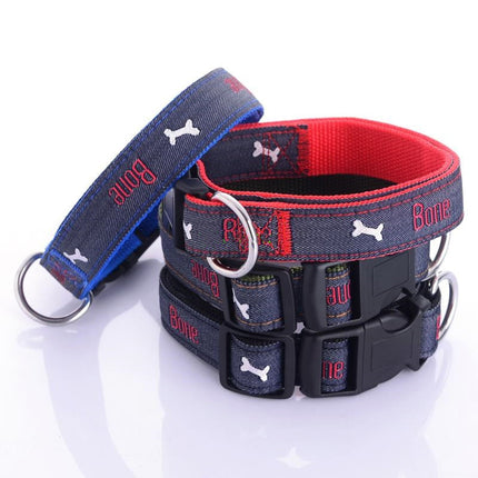Jeans Dog Collar with Embroidered Dog Bone Charm | Durable Leather Choker for Stylish Comfort