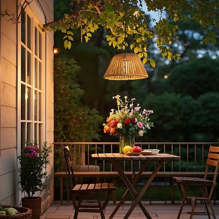 Solar-Powered Lantern with USB Backup & Dusk Sensor | Elegant Faux Rattan Design for Outdoor Ambiance