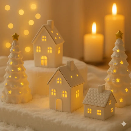 Ceramic Winter Village Decor Set with Ambient Glow | Handcrafted Holiday Centerpiece for Cozy Seasonal Atmosphere