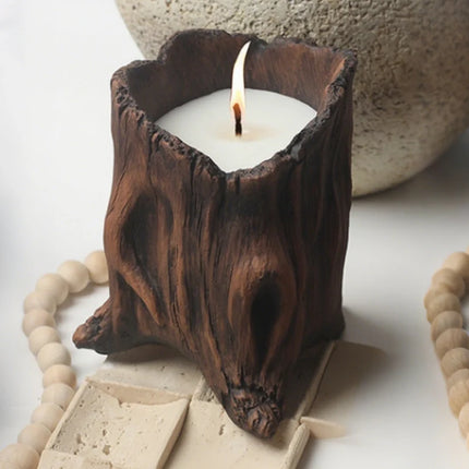 Cement Candle Cradle with Rustic Tree Hollow Design | Customizable Wax Vessel for Cozy Home Ambiance