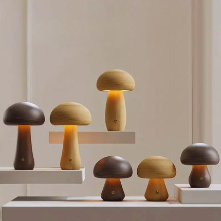 Wooden Table Lamp with Dimmable Cordless Design | Elegant Mushroom Shape for Warm Ambiance