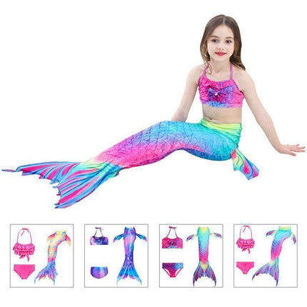 Girls Swimsuits, Mermaid Tail for Swimming with 3 Piece Bikini Set