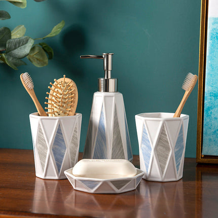 Ceramic Bathroom Accessory Set with Modern Geometric Design | 4-Piece Elegant Marble Set for Stylish Organization