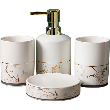 Ceramic Bathroom Accessory Set with Modern Geometric Design | 4-Piece Elegant Marble Set for Stylish Organization