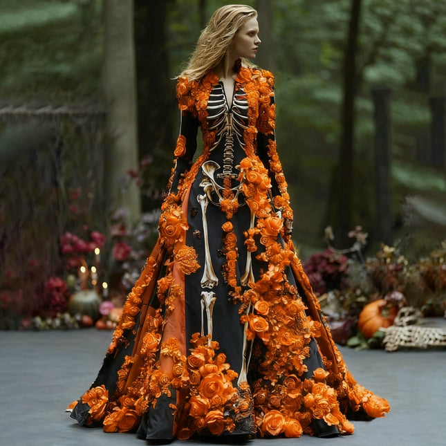 Long Sleeve Maxi Dress, Floral Maxi Dress with Skeleton Print, Plus Size Halloween Dress, Halloween Costume Women