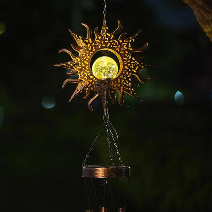 Solar Wind Chime with Luminous Crackled Glass Sphere | Automatic Dusk Sensor for Enchanting Outdoor Ambiance