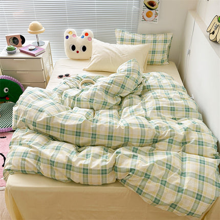 Cotton Bedding Set, Plaid Duvet Cover with Sheet and Pillowcases, Pastel Bedding Set in Twin Full and Queen Sizes