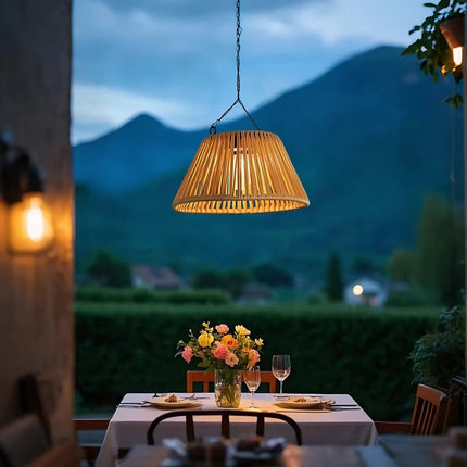Solar-Powered Lantern with USB Backup & Dusk Sensor | Elegant Faux Rattan Design for Outdoor Ambiance