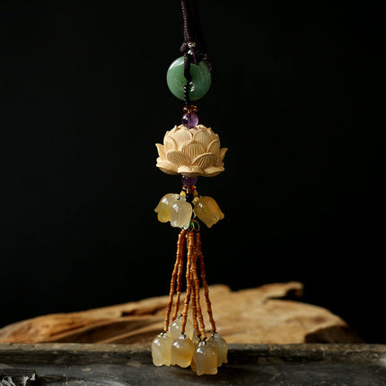 Natural Boxwood Lotus Car Hanging Ornament with Exquisite Craftsmanship | Elegant Interior Decor for Peace and Serenity