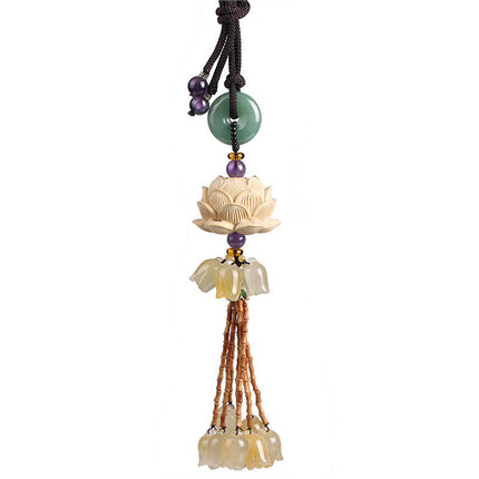Natural Boxwood Lotus Car Hanging Ornament with Exquisite Craftsmanship | Elegant Interior Decor for Peace and Serenity