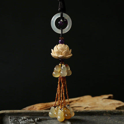 Natural Boxwood Lotus Car Hanging Ornament with Exquisite Craftsmanship | Elegant Interior Decor for Peace and Serenity