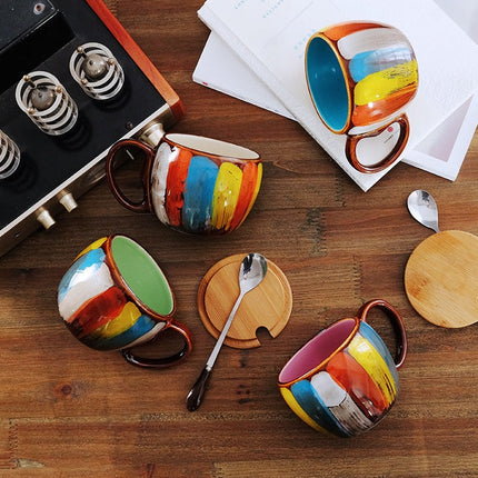 European Style Ceramic Mug Set with Matching Spoon & Lid | 350ml Capacity for Coffee & Tea