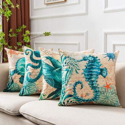 Marine Life Printed Cushion Cover with Invisible Zipper | Flax Material for Elegant Home Decor