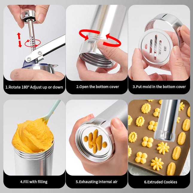 Cookie Press Kit with 20 Discs and 4 Nozzles, Cookie Press Gun Stainless Steel
