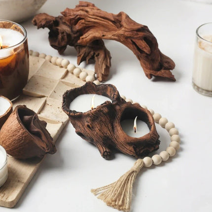 Cement Candle Cradle with Rustic Tree Hollow Design | Customizable Wax Vessel for Cozy Home Ambiance