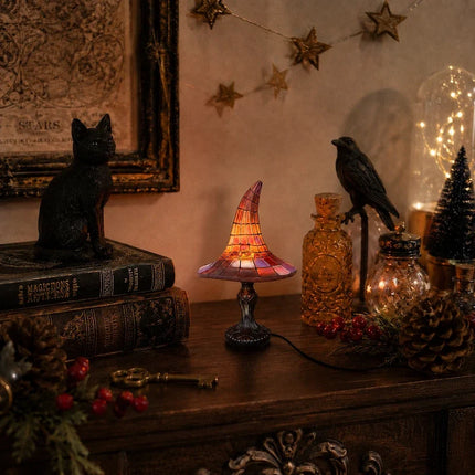 Witch Hat Table Lamp with Mosaic Panels for Enchanting Home Decor | Warm Glow for Bedrooms and Seasonal Displays