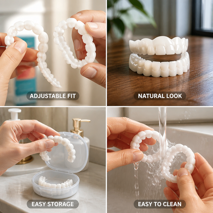 Removable Dentures Upper and Lower Set, Adjustable Fake Teeth with Denture Case
