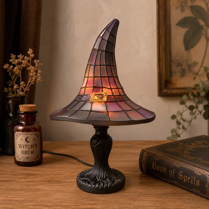 Witch Hat Table Lamp with Mosaic Panels for Enchanting Home Decor | Warm Glow for Bedrooms and Seasonal Displays