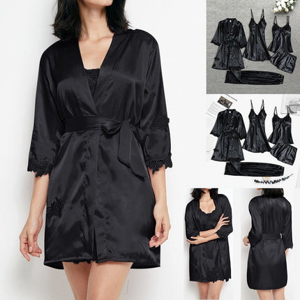 Womens Pajama Set, Silk Pajamas with Kimono Robe, Pajama Shorts Set with Cami and Pants, Luxury Sleepwear in Silk Satin